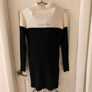 Bebe Women Black Cream Colorblock Rhinestone Logo Ribbed Mock Neck Sweater Dress